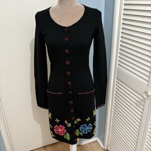 Betsey Johnson Sweater Dress Black Floral Embroidered Size Med 100% Wool NWT